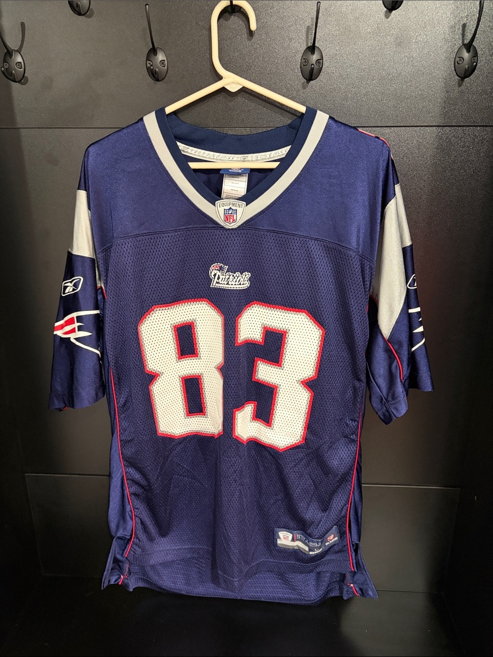 Reebok Navy Patriots #83 Football Jersey with White & Red Accents